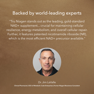 Graphic featuring an image of Dr. Jim LaValle on a brown background, accompanied by a quote about the Tru Niagen supplement. The headline reads, “Backed by world-leading researchers.” The quote says: "Tru Niagen stands out as the leading, gold-standard NAD+ supplement... crucial for maintaining cellular resilience, energy metabolism, and overall cellular repair.
Further, it features patented nicotinamide riboside (NR), which is the most efficient NAD+ precursor available." - Dr. Jim LaValle