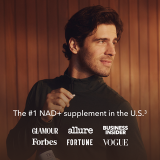 A man holding a Tru Niagen supplement, with accompanying text about the #1 NAD+ supplement in the U.S. and mentions of featured media outlets.