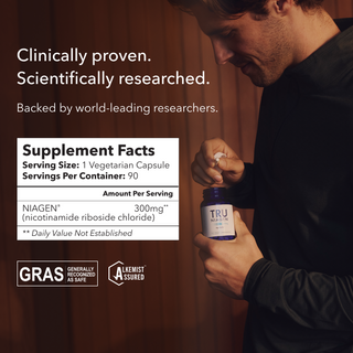 A person holding a Tru Niagen bottle, showing the Supplement Facts panel and certification logos for “Generally Recognized As Safe” and “Alkemist Assured.” The label indicates a serving size of one vegetarian capsule, with 90 servings per container. Each serving provides 300 mg of Niagen.