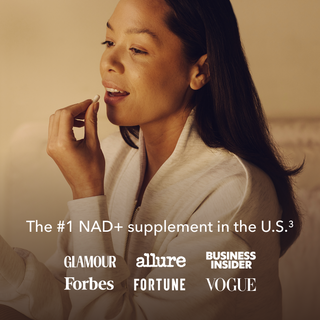 A woman holding a Tru Niagen supplement near her mouth, with accompanying text about the #1 NAD+ supplement in the U.S. and mentions of featured media outlets.