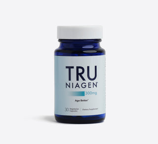 A bottle of Tru Niagen supplement with 300mg dosage, labeled as Age Better, containing 30 vegetarian capsules.