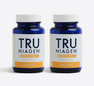 Two bottles of Tru Niagen Immune dietary supplement with 150mg of Niagen in each.