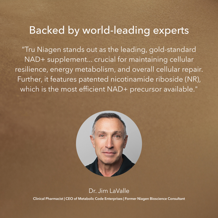 Graphic featuring an image of Dr. Jim LaValle on a brown background, accompanied by a quote about the Tru Niagen supplement. The headline reads, “Backed by world-leading researchers.” The quote says: "Tru Niagen stands out as the leading, gold-standard NAD+ supplement... crucial for maintaining cellular resilience, energy metabolism, and overall cellular repair. Further, it features patented nicotinamide riboside (NR), which is the most efficient NAD+ precursor available." - Dr. Jim LaValle