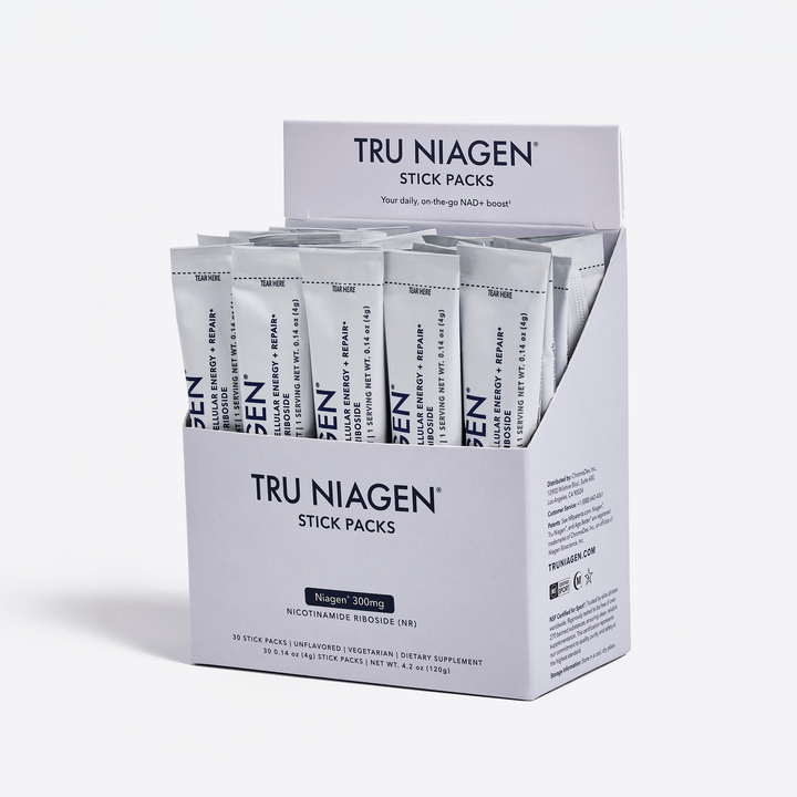 Tru Niagen stick packs packaging on a white background.